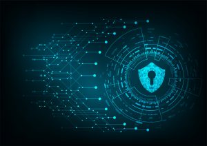 Cyber security concept: Padlock With Keyhole icon on digital data background. Illustrates cyber data security or information privacy idea. Blue abstract hi speed internet technology.